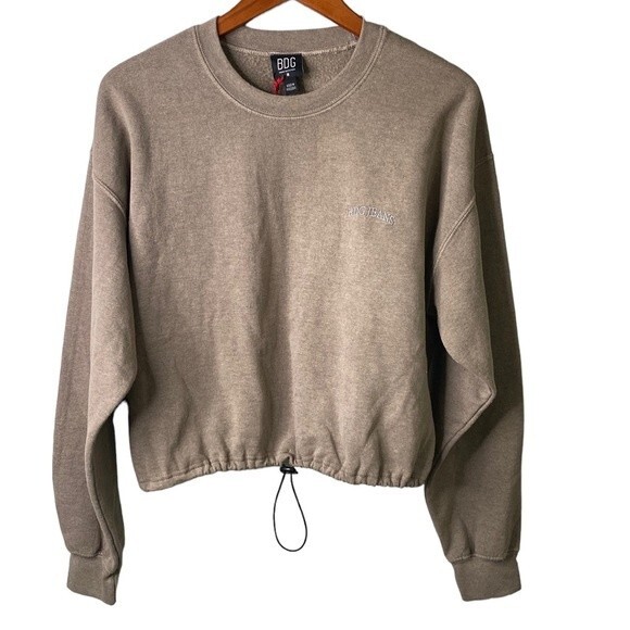 BDG Urban Outfitter Cropped Drawstring Crewneck Sweater Sweatshirt Top Neutral - Picture 2 of 15